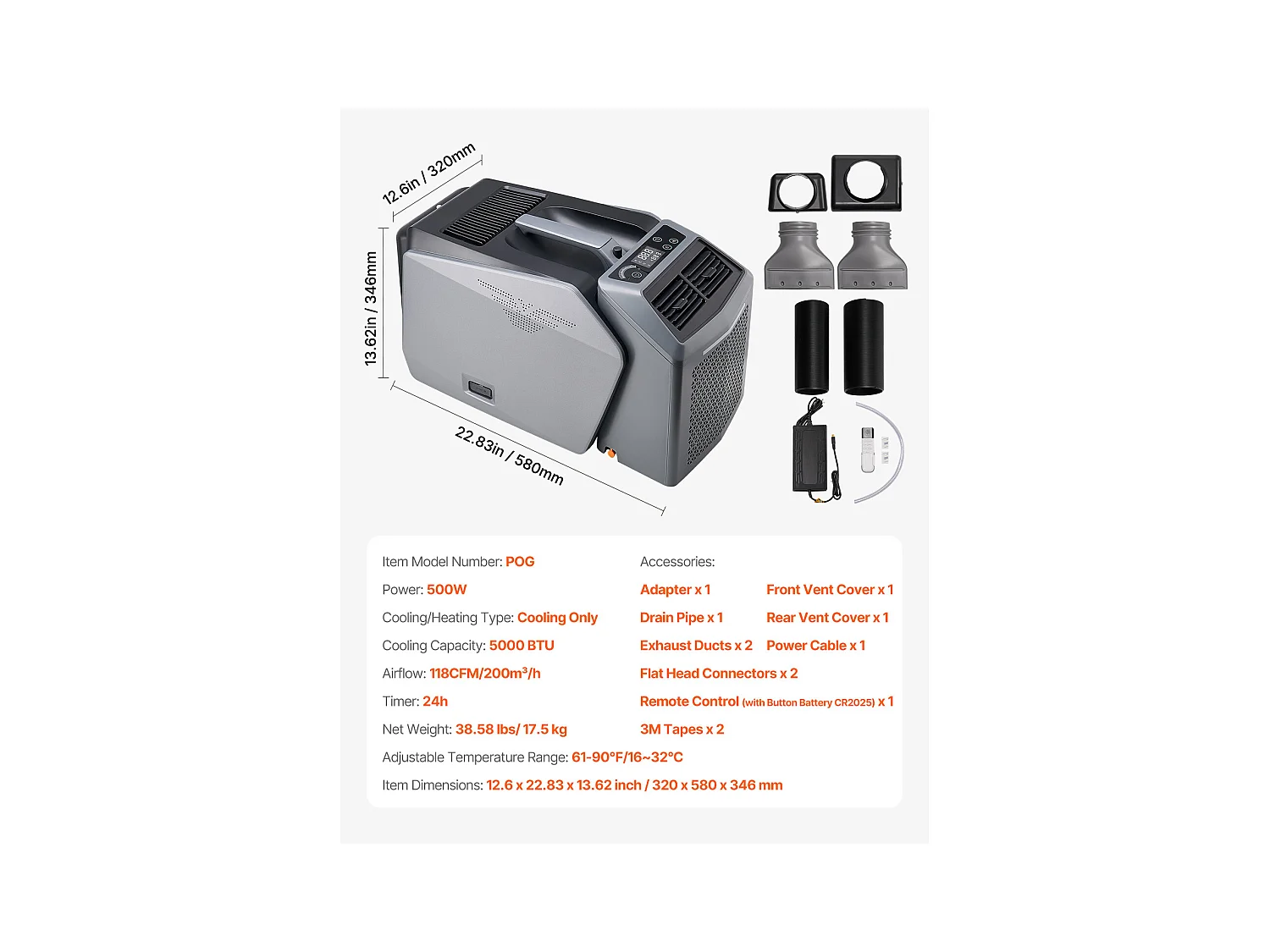 Climatiseur Portable SucceBuy, Refroidisseur d'Aair à 3 Vitesses, avec Minuterie 24 h, Réglable de 16-32 ℃, pour Camping en Tente Extérieure, Gris