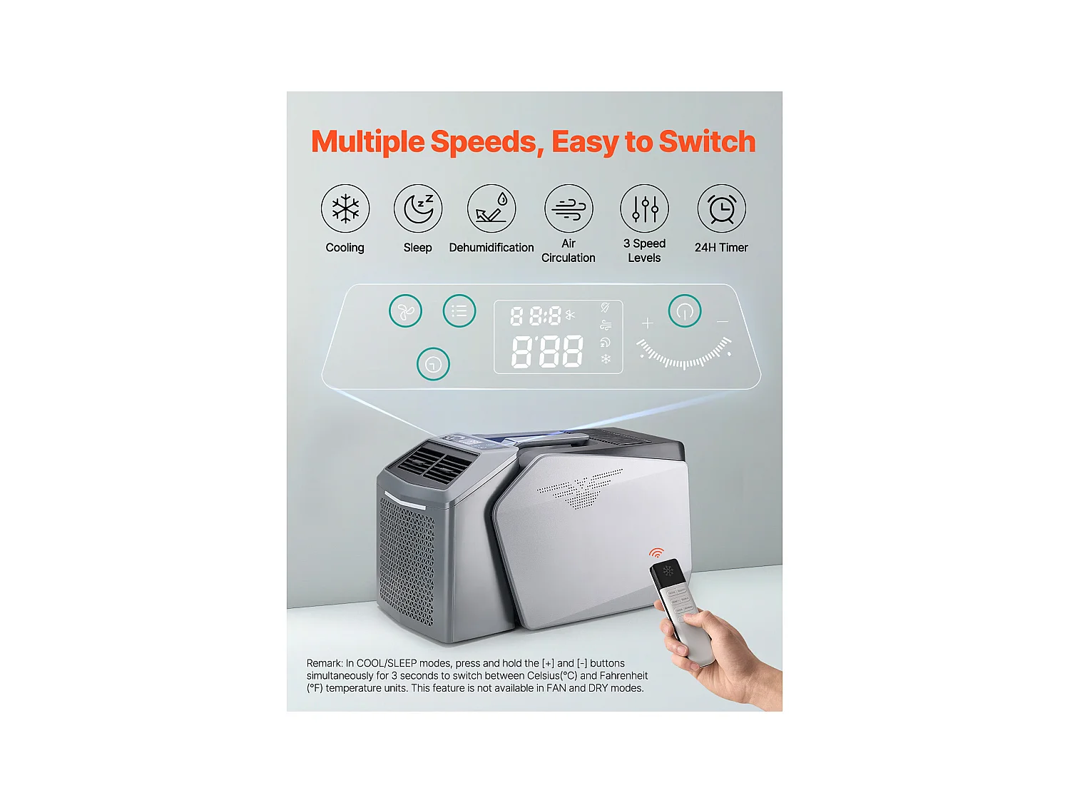 Climatiseur Portable SucceBuy, Refroidisseur d'Aair à 3 Vitesses, avec Minuterie 24 h, Réglable de 16-32 ℃, pour Camping en Tente Extérieure, Gris