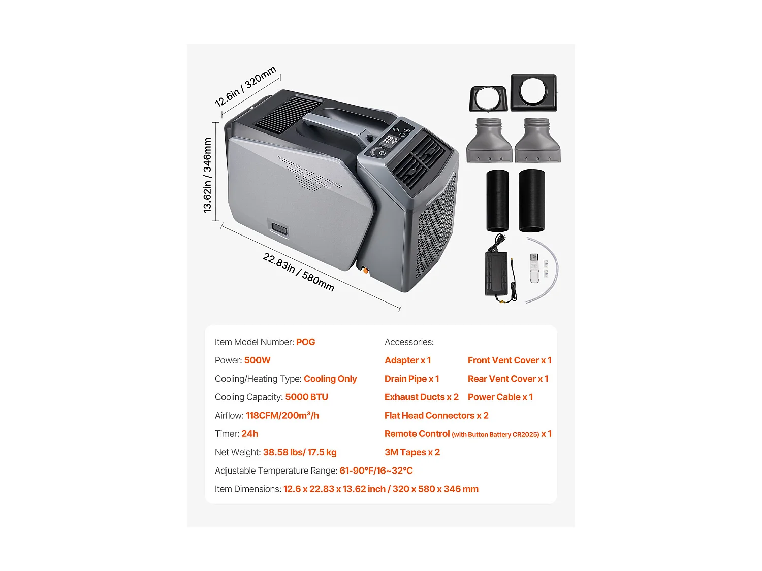 Climatiseur Portable SucceBuy, Refroidisseur d'Aair à 3 Vitesses, avec Minuterie 24 h, Réglable de 16-32 ℃, pour Camping en Tente Extérieure, Gris