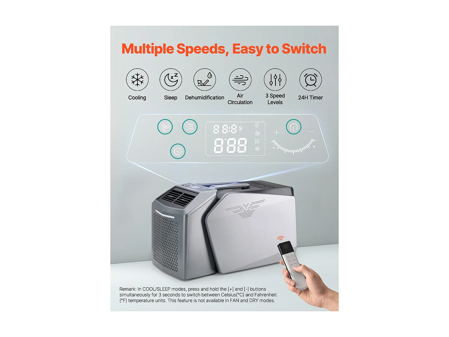 Climatiseur Portable SucceBuy, Refroidisseur d'Aair à 3 Vitesses, avec Minuterie 24 h, Réglable de 16-32 ℃, pour Camping en Tente Extérieure, Gris