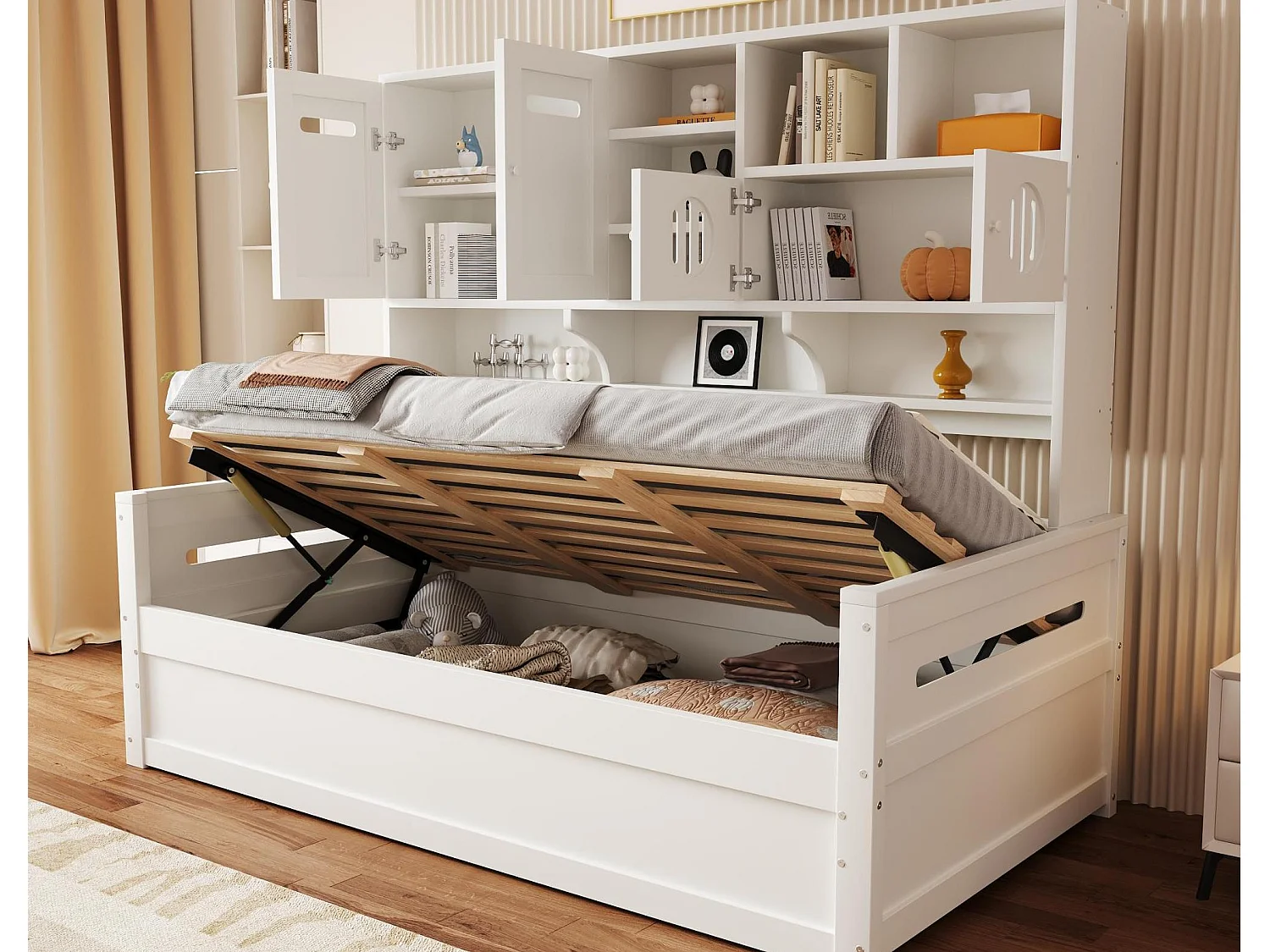 Łóżko z pojemnikiem 90x200 cm - z komorami przechowawczymi - z 4 drzwiami - stelaż listwowy - biały (materac nie jest w zestawie)