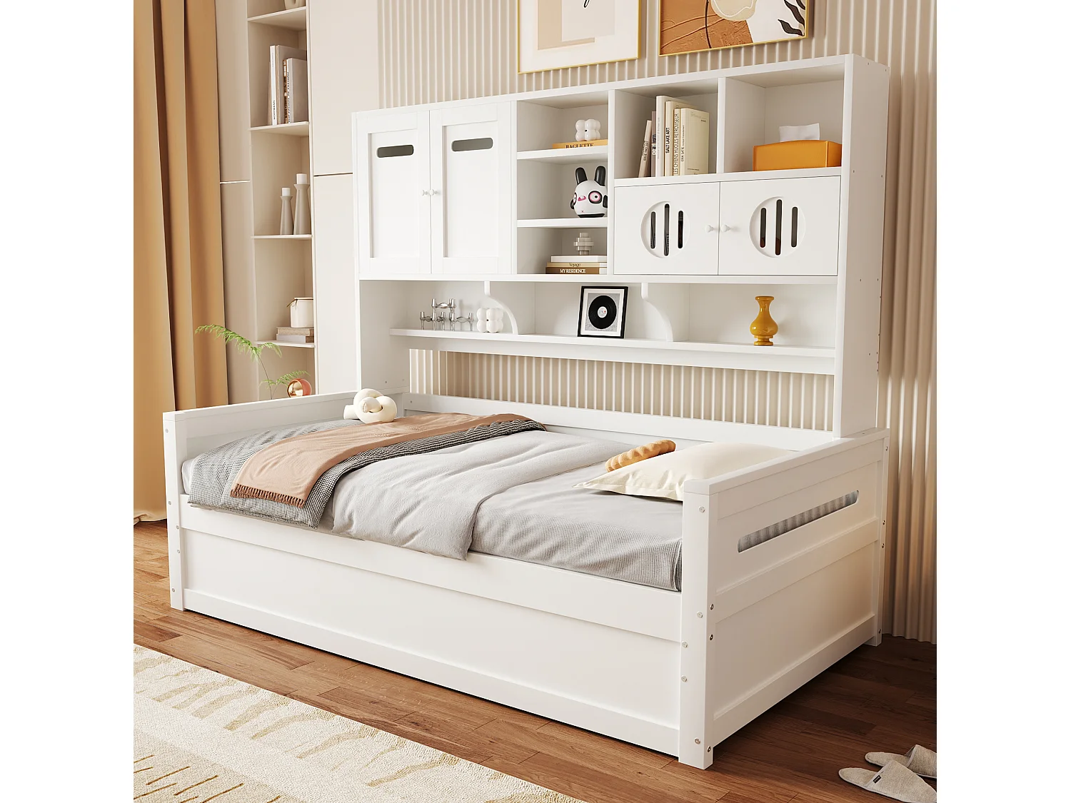 Łóżko z pojemnikiem 90x200 cm - z komorami przechowawczymi - z 4 drzwiami - stelaż listwowy - biały (materac nie jest w zestawie)