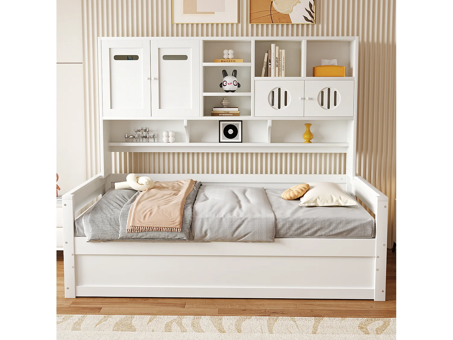 Łóżko z pojemnikiem 90x200 cm - z komorami przechowawczymi - z 4 drzwiami - stelaż listwowy - biały (materac nie jest w zestawie)
