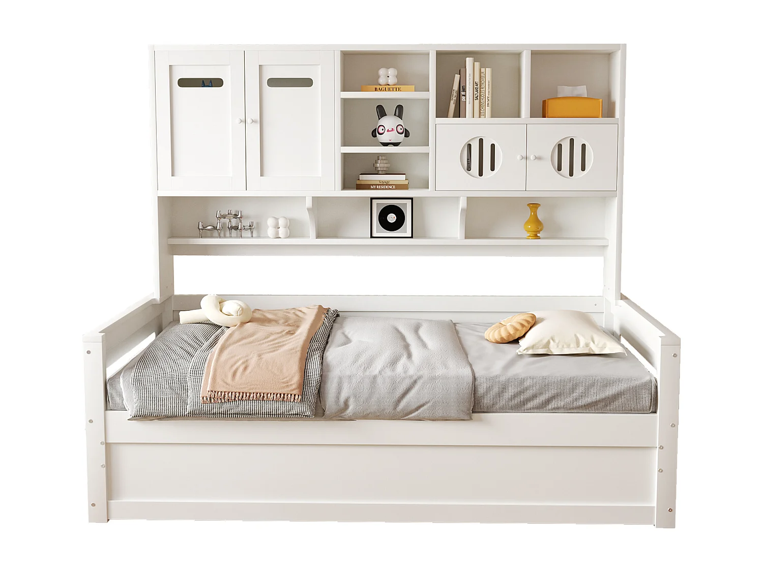 Łóżko z pojemnikiem 90x200 cm - z komorami przechowawczymi - z 4 drzwiami - stelaż listwowy - biały (materac nie jest w zestawie)