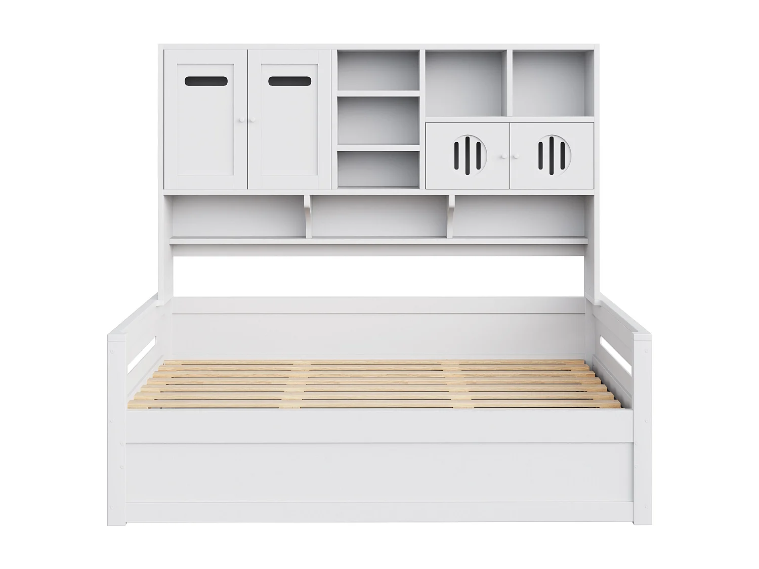 Łóżko z pojemnikiem 90x200 cm - z komorami przechowawczymi - z 4 drzwiami - stelaż listwowy - biały (materac nie jest w zestawie)