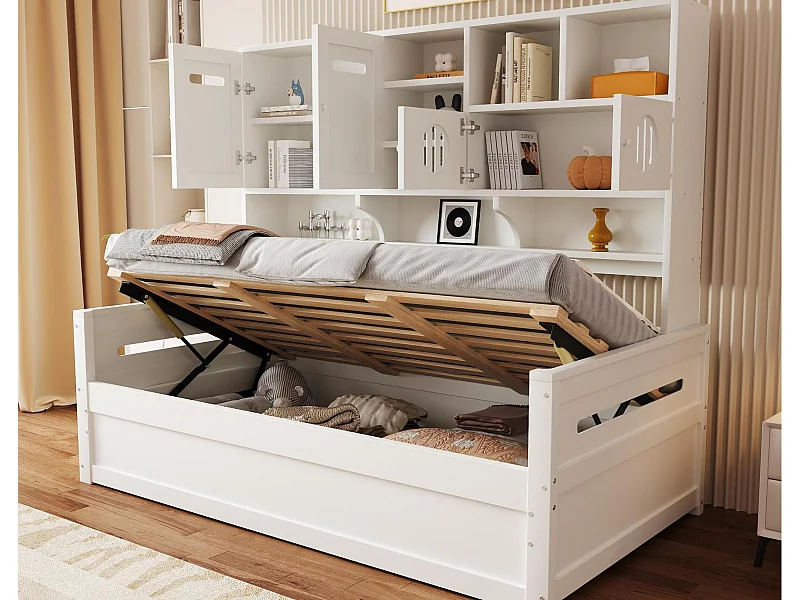 Łóżko z pojemnikiem 90x200 cm - z komorami przechowawczymi - z 4 drzwiami - stelaż listwowy - biały (materac nie jest w zestawie)