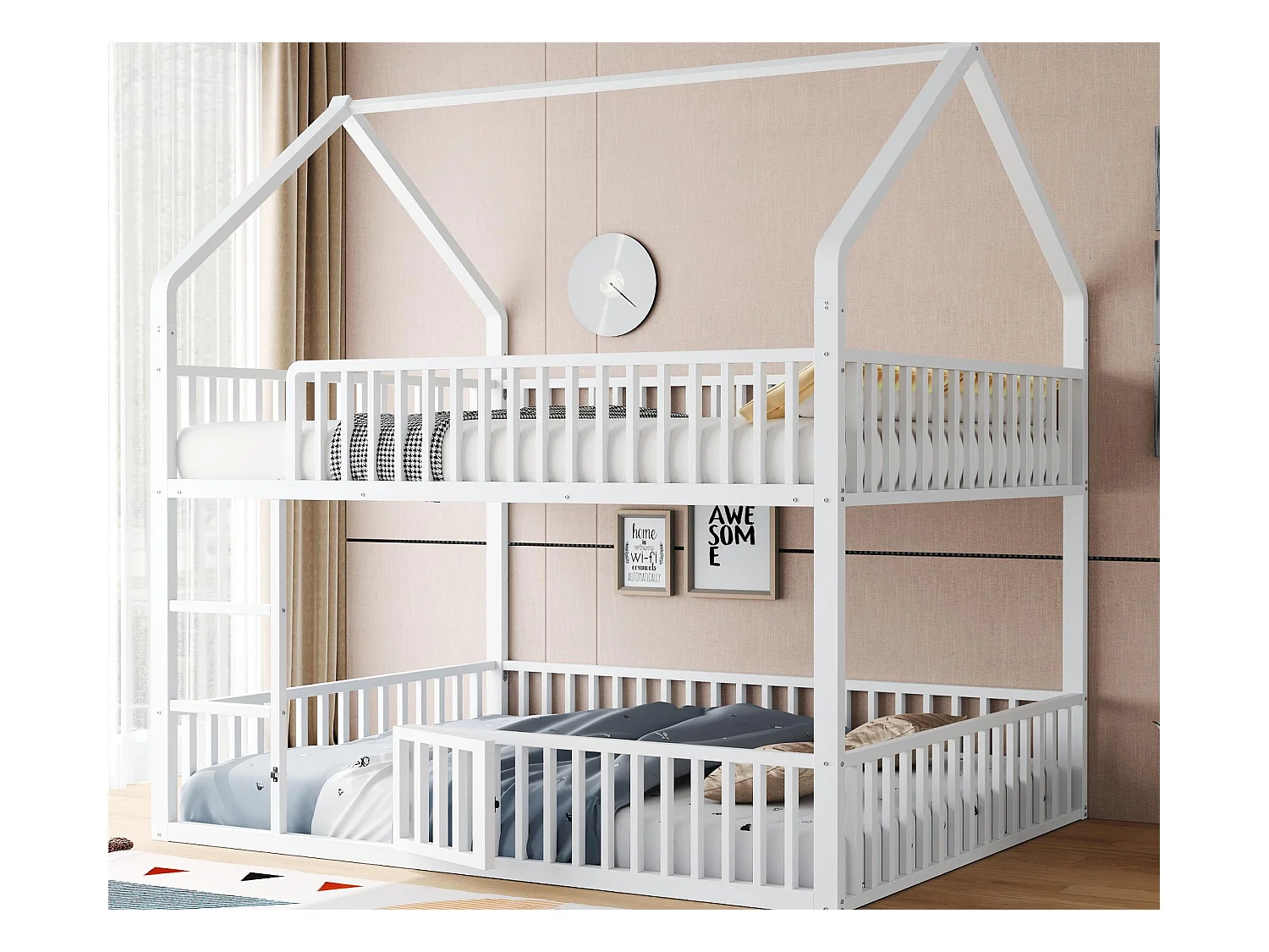 Lit superposé enfant 140x200cm - avec escalier - avec petite porte - Métal - blanc (matelas non inclus)
