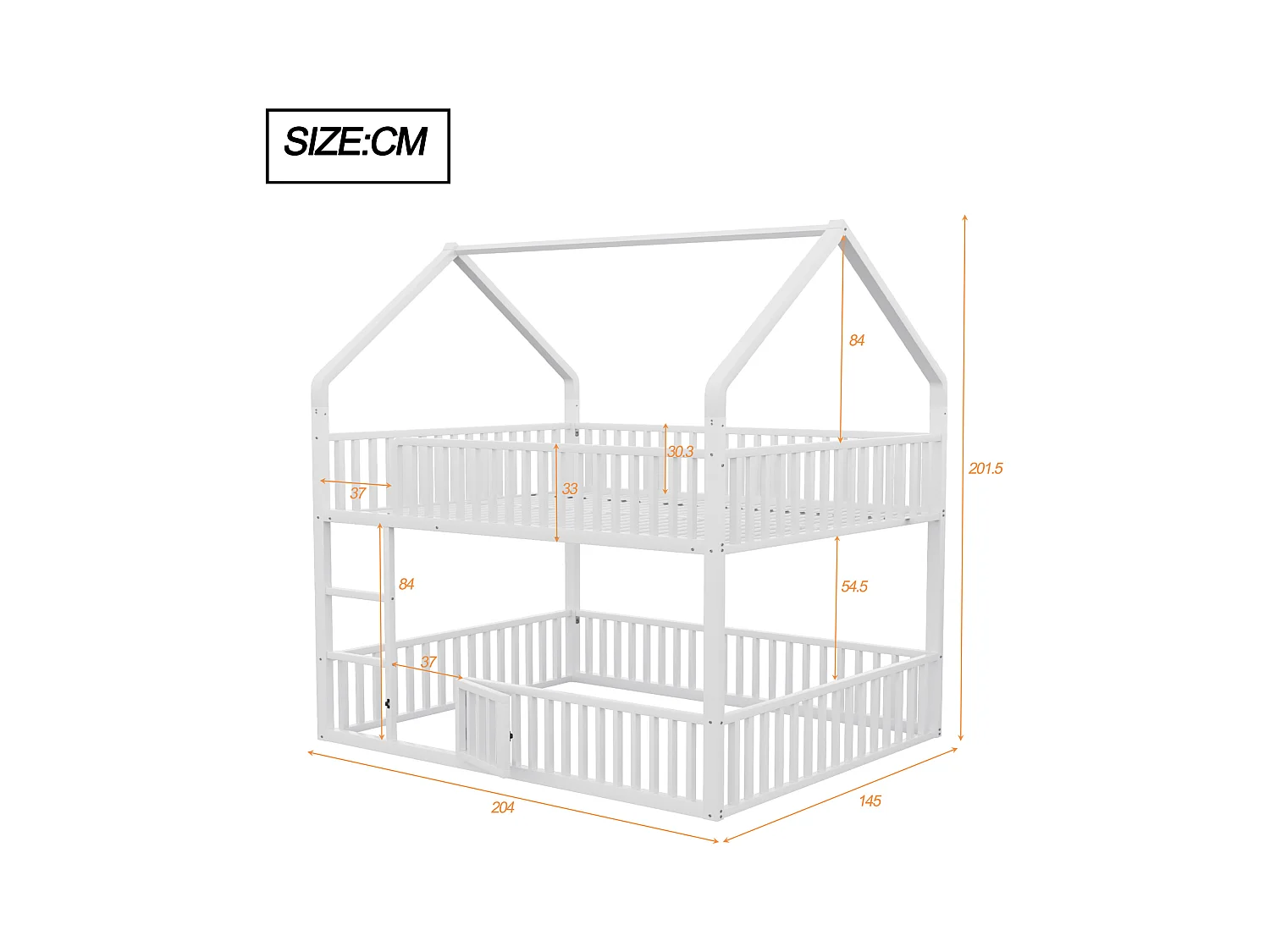 Lit superposé enfant 140x200cm - avec escalier - avec petite porte - Métal - blanc (matelas non inclus)