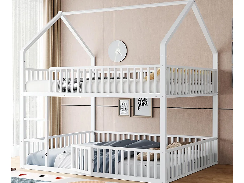 Lit superposé enfant 140x200cm - avec escalier - avec petite porte - Métal - blanc (matelas non inclus)