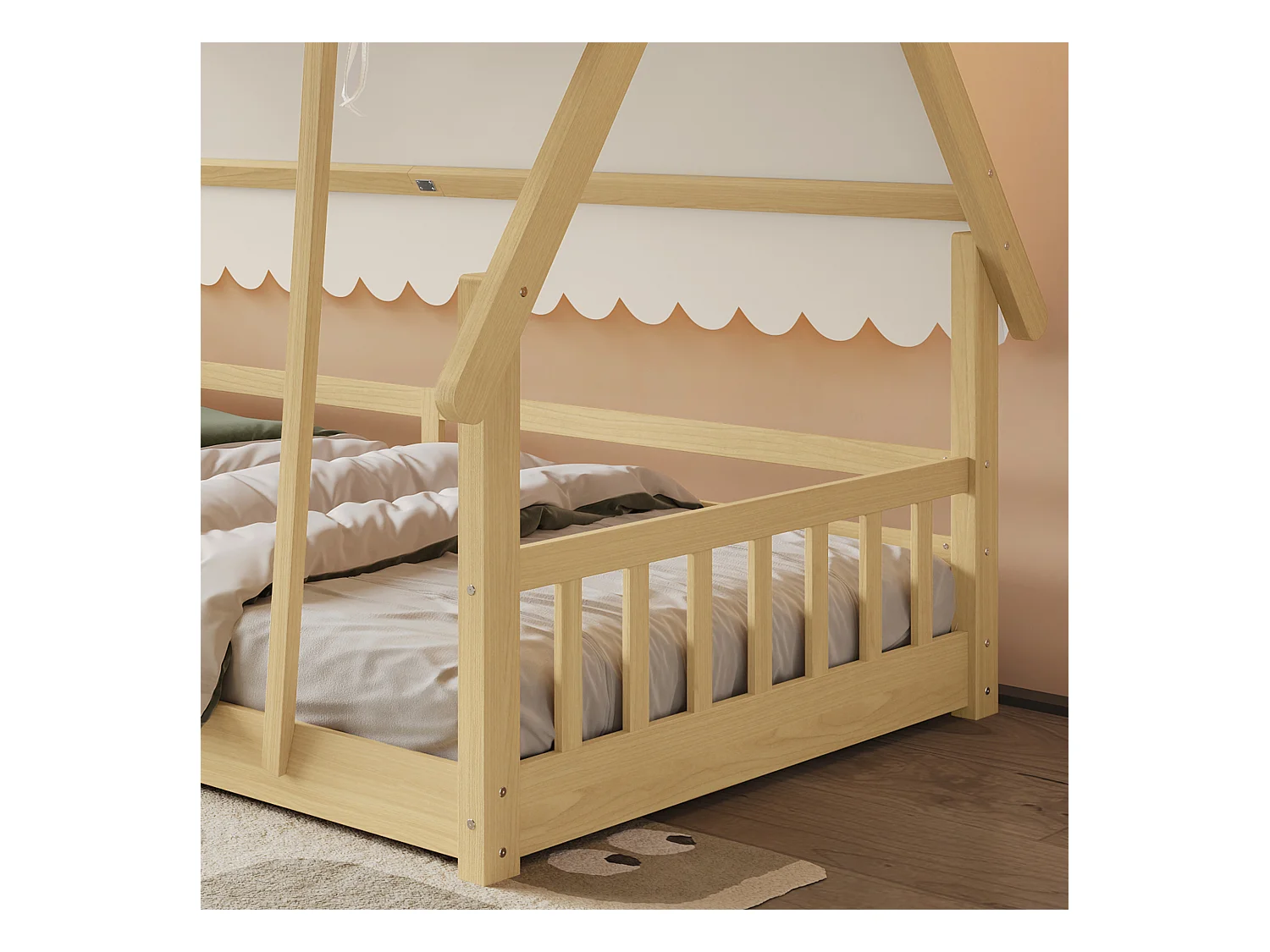 Lit cabane pour enfants 90x190cm en bois massif - avec tente amovible - avec barrières de sécurité et sommier à lattes - Naturel