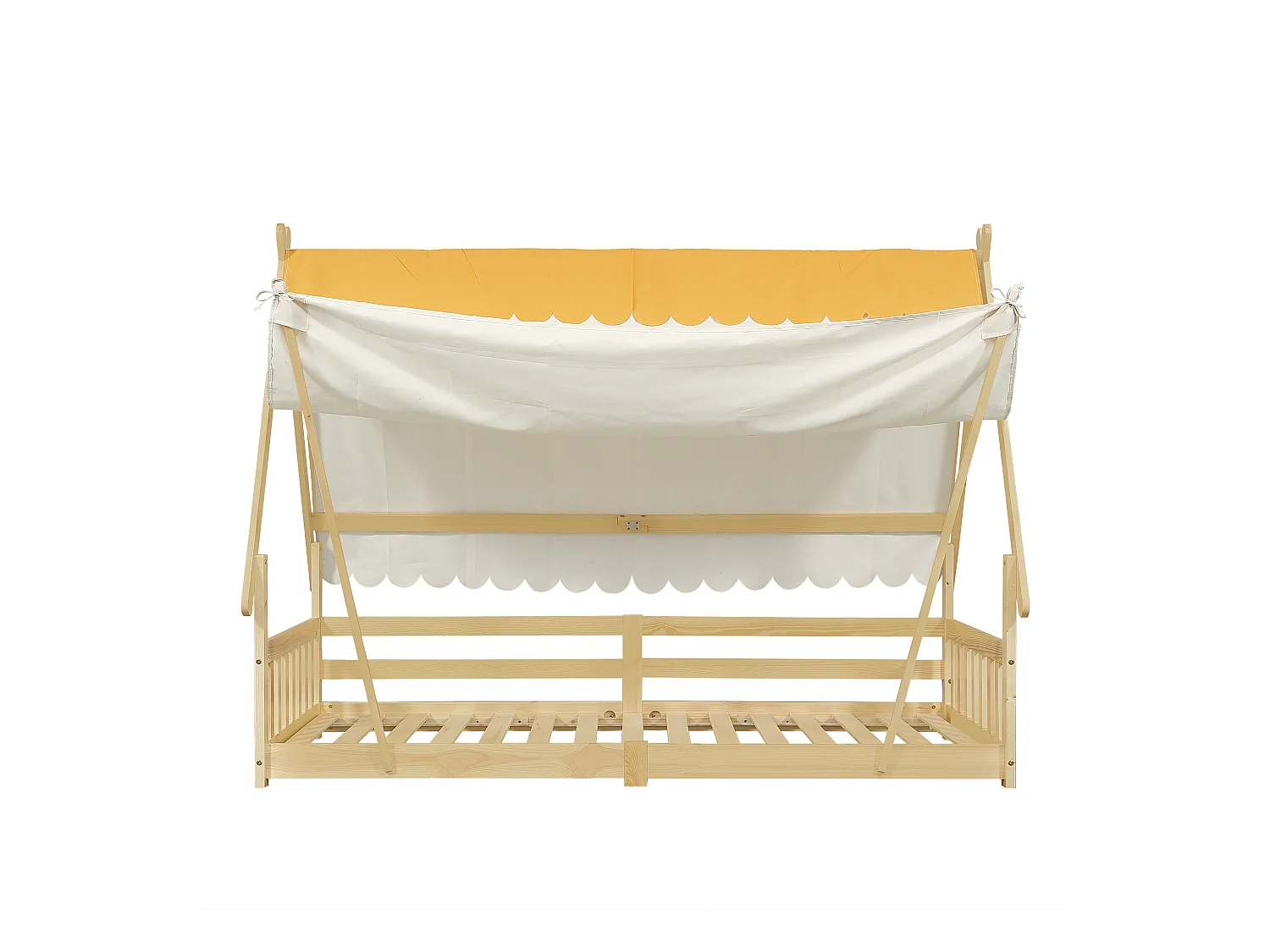 Lit cabane pour enfants 90x190cm en bois massif - avec tente amovible - avec barrières de sécurité et sommier à lattes - Naturel