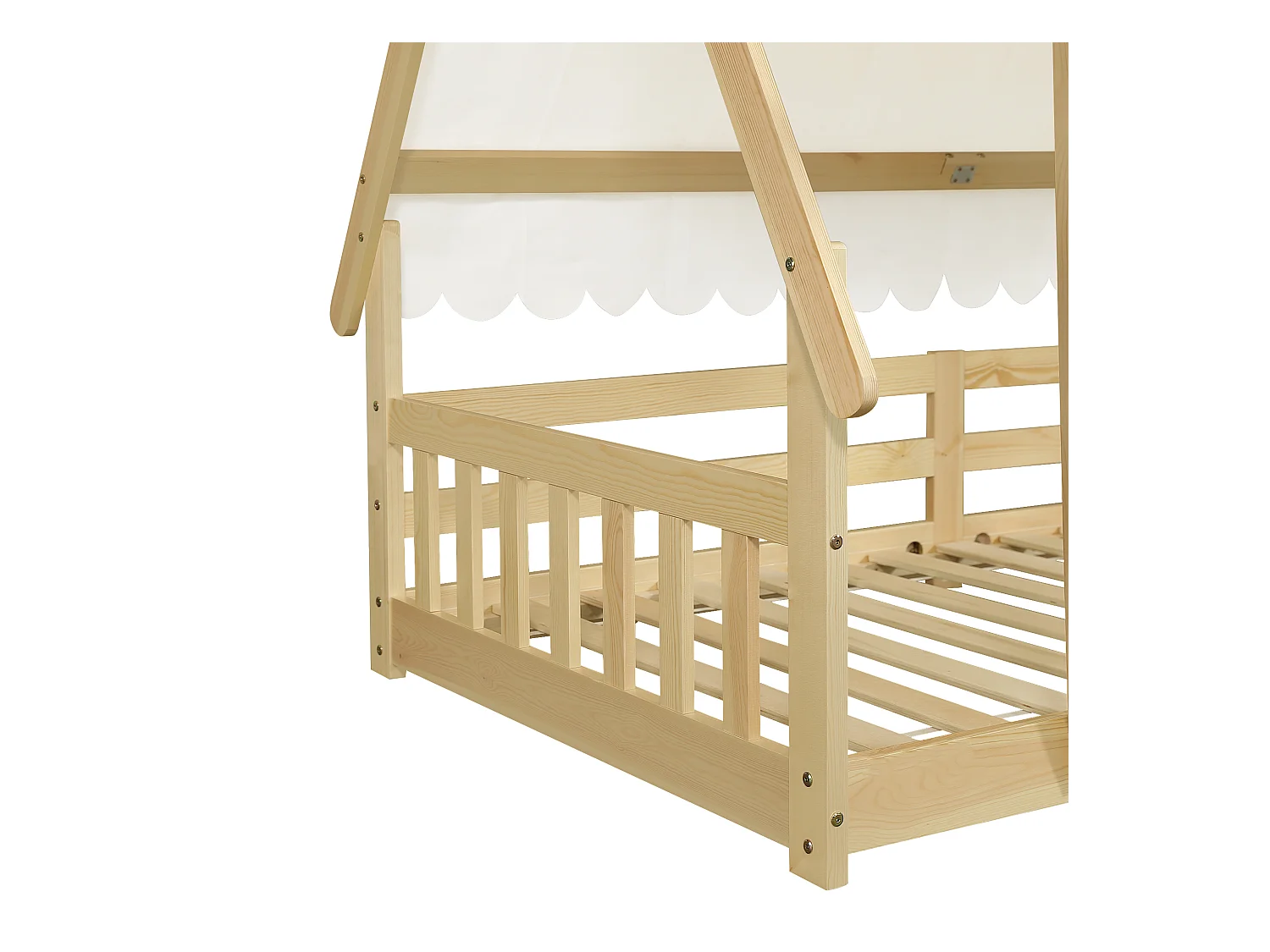 Lit cabane pour enfants 90x190cm en bois massif - avec tente amovible - avec barrières de sécurité et sommier à lattes - Naturel