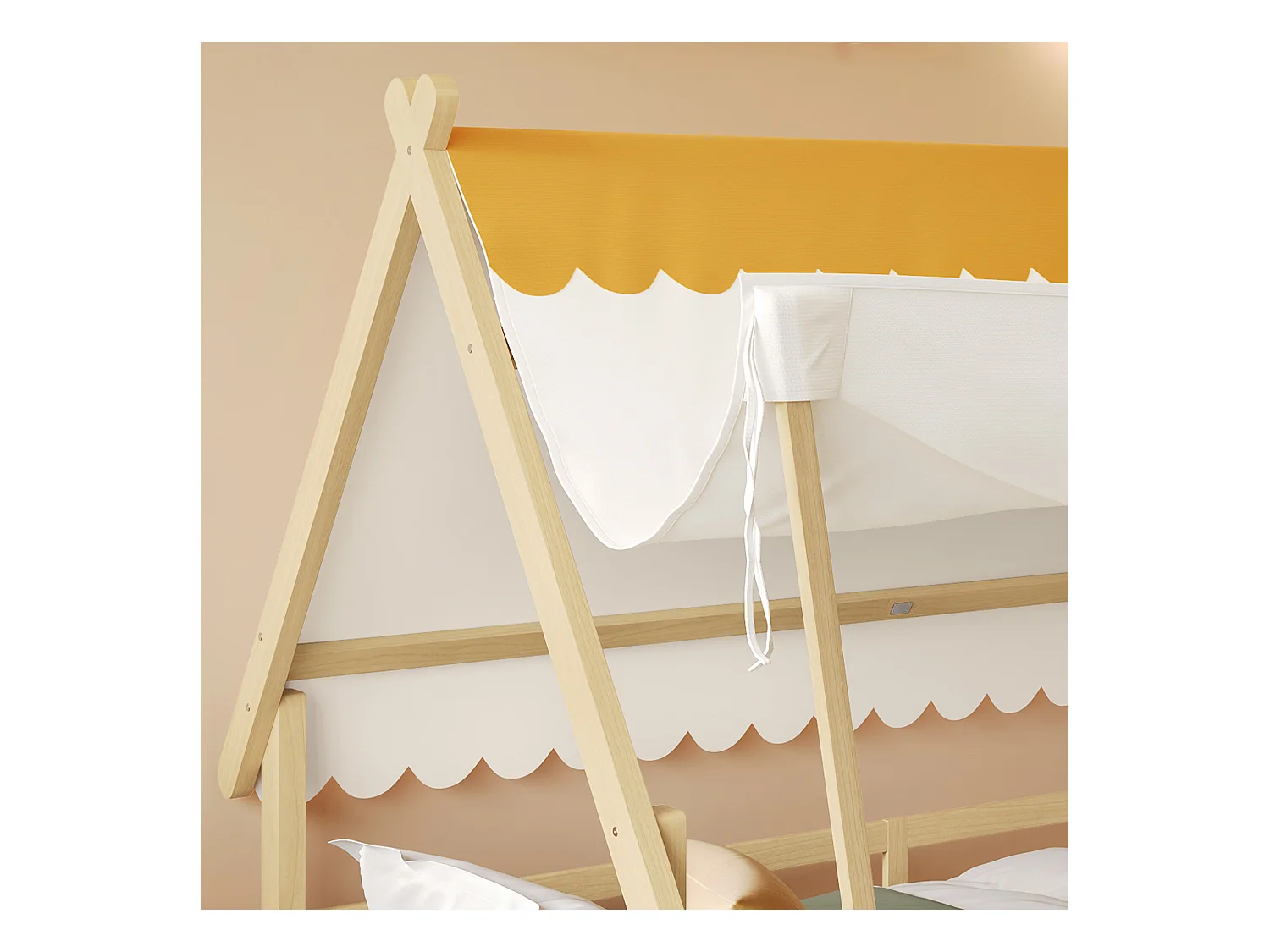 Lit cabane pour enfants 90x190cm en bois massif - avec tente amovible - avec barrières de sécurité et sommier à lattes - Naturel