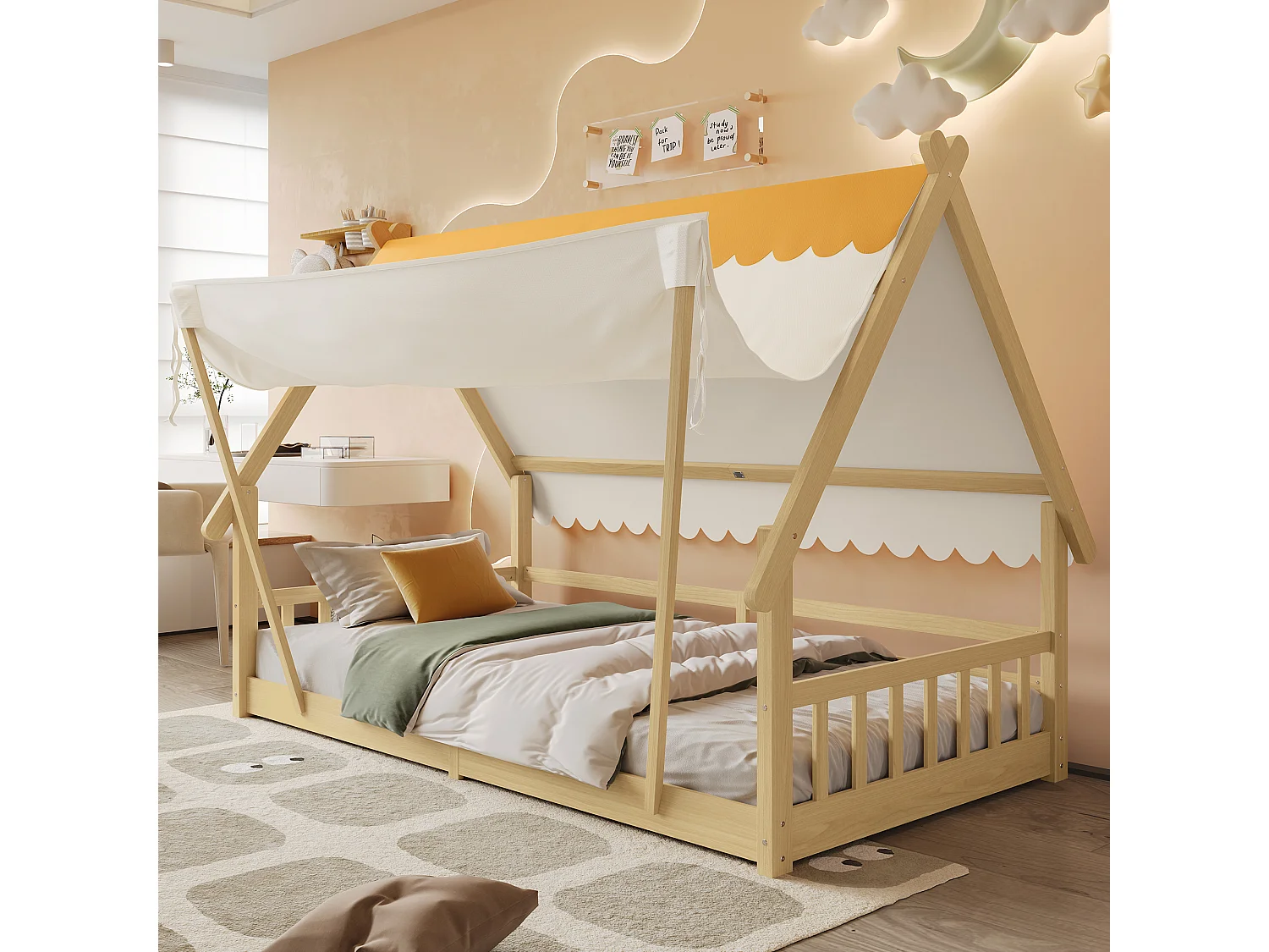 Lit cabane pour enfants 90x190cm en bois massif - avec tente amovible - avec barrières de sécurité et sommier à lattes - Naturel
