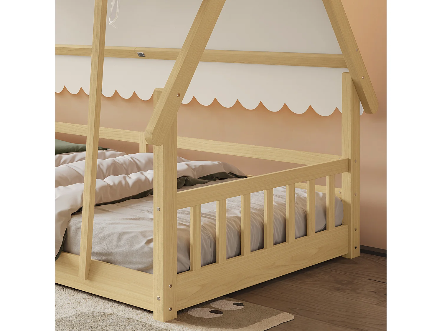 Lit cabane pour enfants 90x190cm en bois massif - avec tente amovible - avec barrières de sécurité et sommier à lattes - Naturel