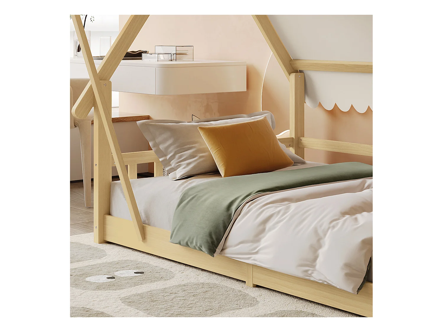 Lit cabane pour enfants 90x190cm en bois massif - avec tente amovible - avec barrières de sécurité et sommier à lattes - Naturel