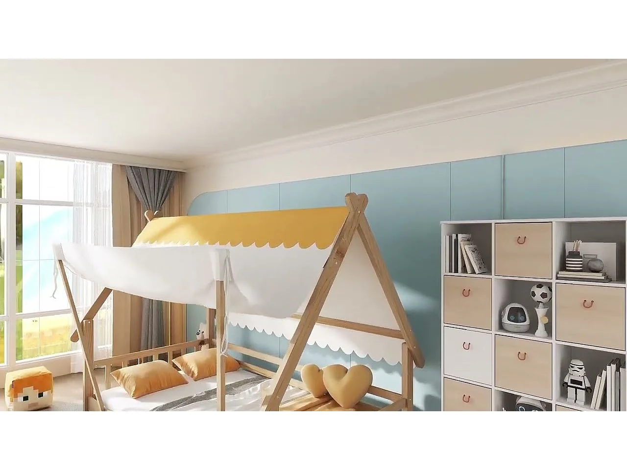 Cama casita infantil 90x190cm de madera maciza - con tienda desmontable - con barreras de seguridad y somier de láminas - Natural