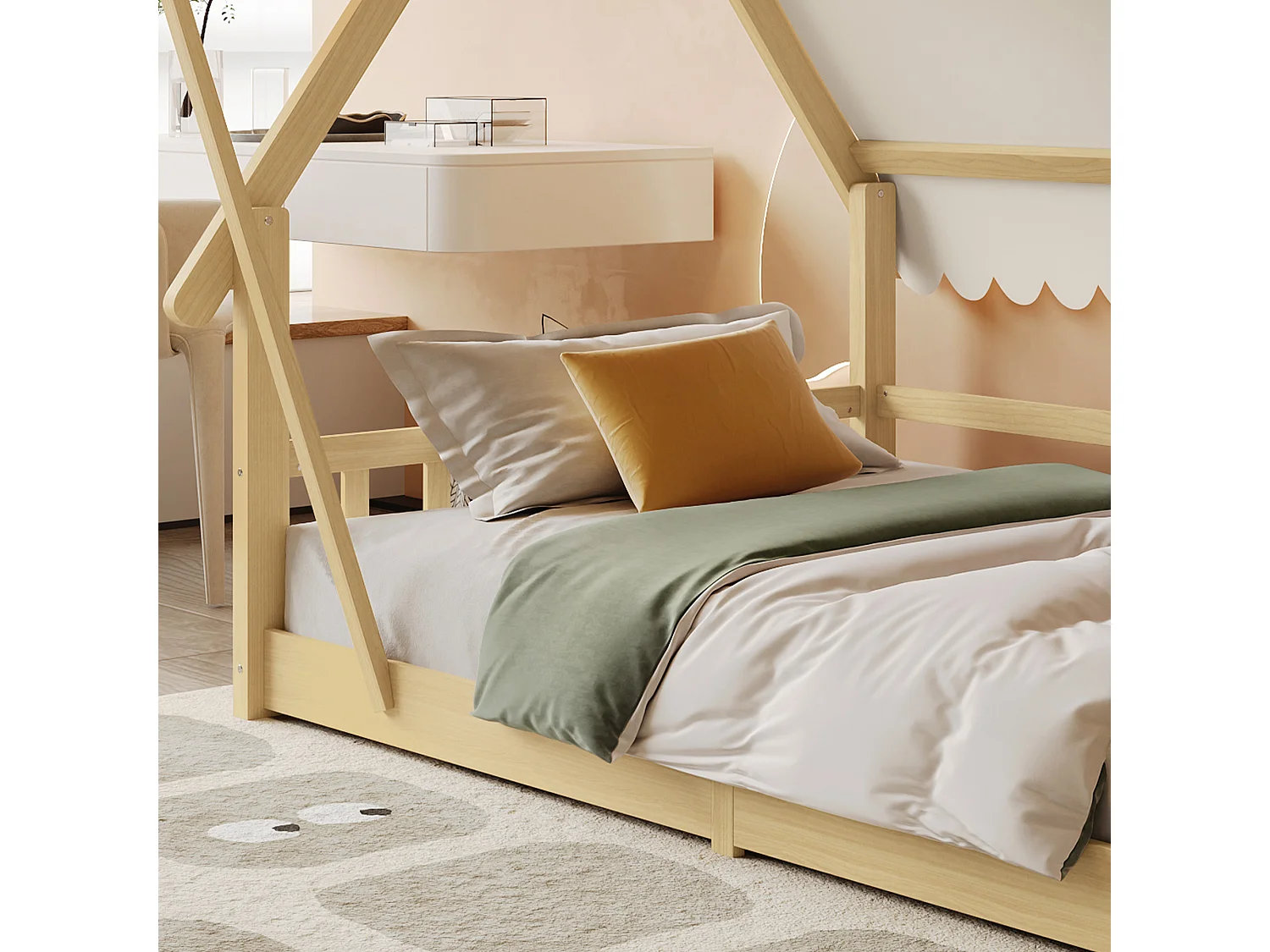 Cama casita infantil 90x190cm de madera maciza - con tienda desmontable - con barreras de seguridad y somier de láminas - Natural