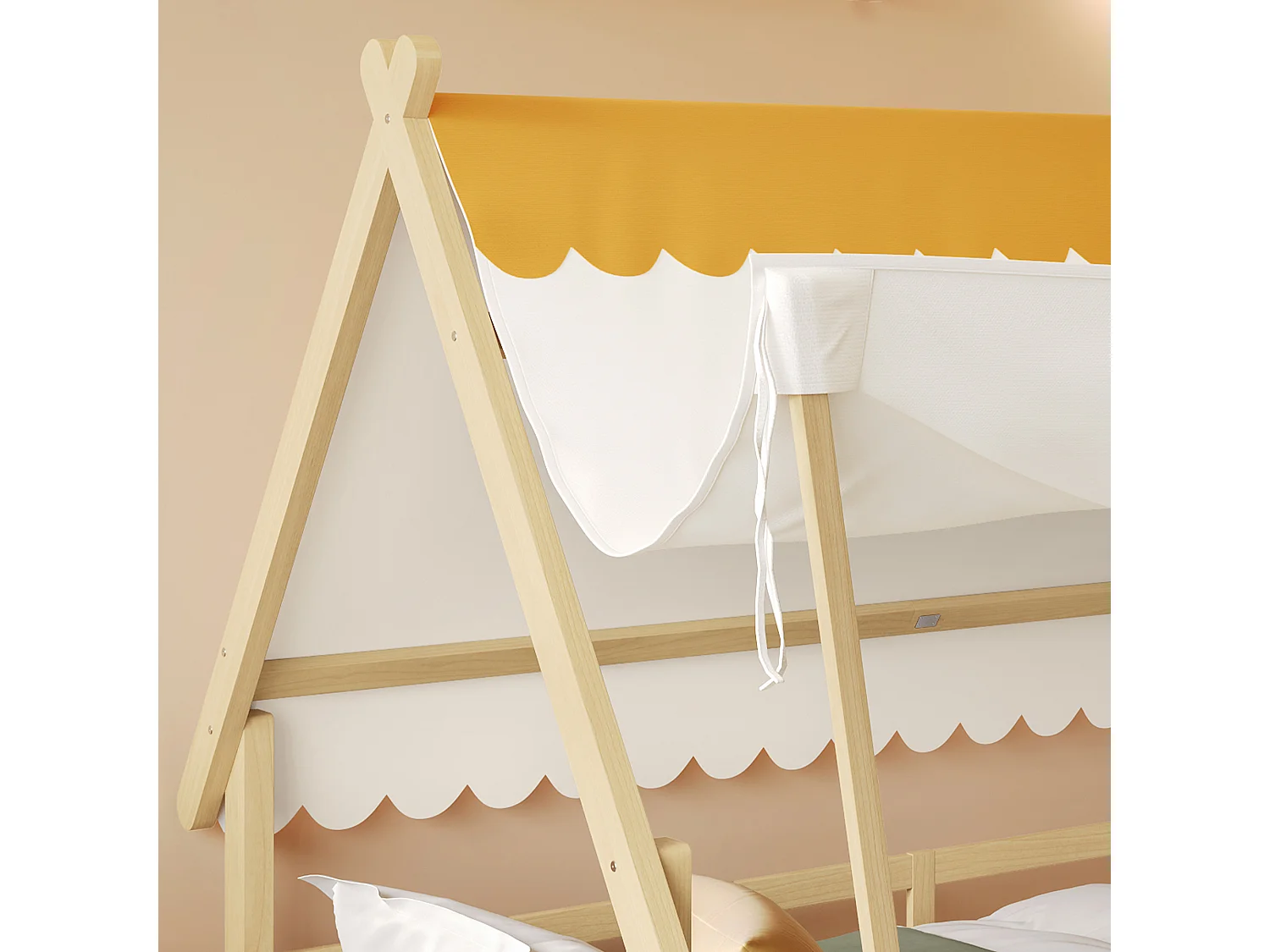 Cama casita infantil 90x190cm de madera maciza - con tienda desmontable - con barreras de seguridad y somier de láminas - Natural