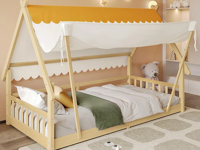 Lit cabane pour enfants 90x190cm en bois massif - avec tente amovible - avec barrières de sécurité et sommier à lattes - Naturel