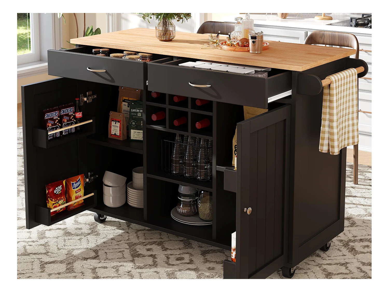 Ilot central de cuisine mobile avec 2 portes et 2 tiroirs - 102x45x92 cm - Bois MDF - Noir et naturel