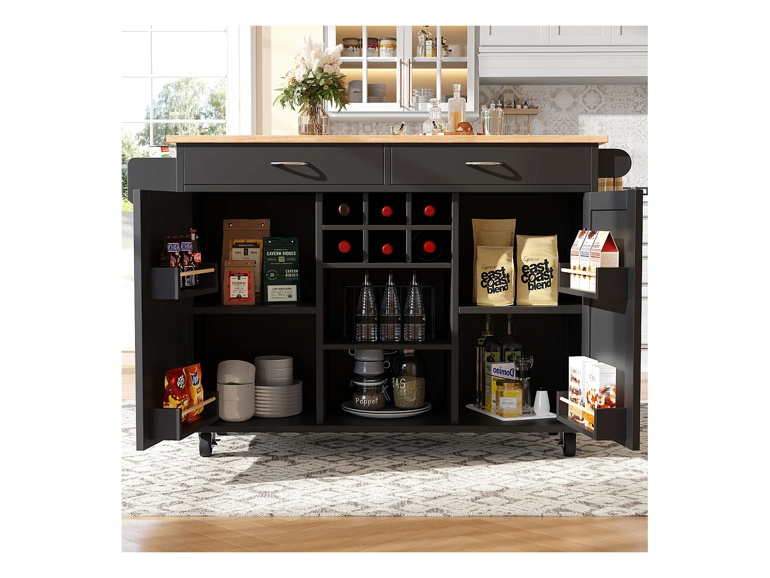 Ilot central de cuisine mobile avec 2 portes et 2 tiroirs - 102x45x92 cm - Bois MDF - Noir et naturel