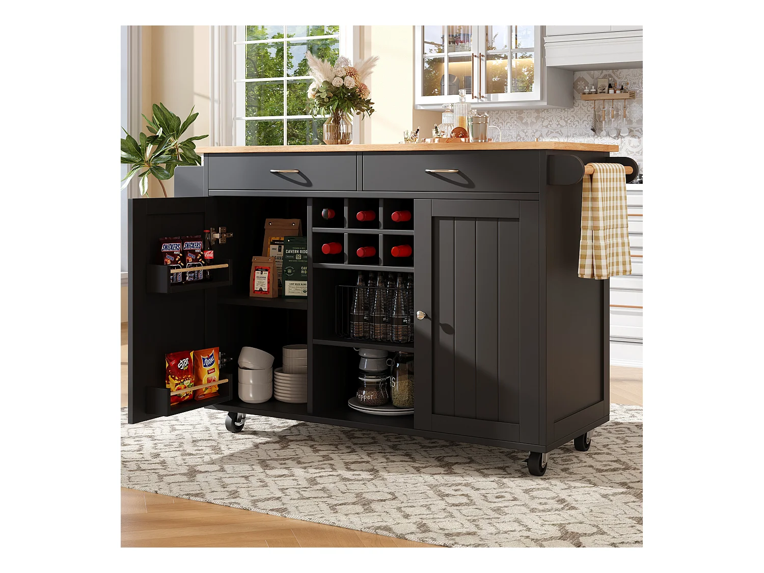 Ilot central de cuisine mobile avec 2 portes et 2 tiroirs - 102x45x92 cm - Bois MDF - Noir et naturel