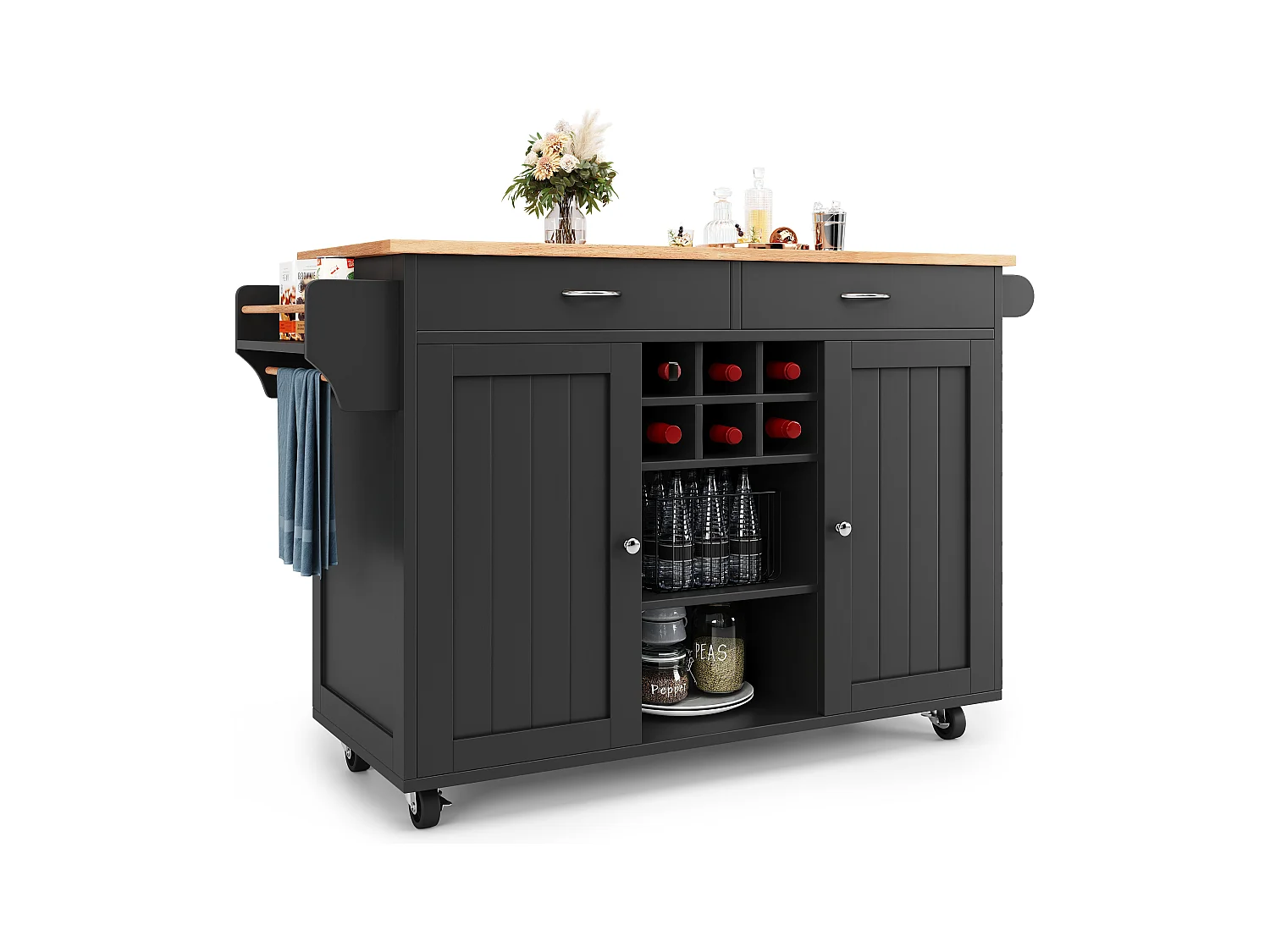 Ilot central de cuisine mobile avec 2 portes et 2 tiroirs - 102x45x92 cm - Bois MDF - Noir et naturel