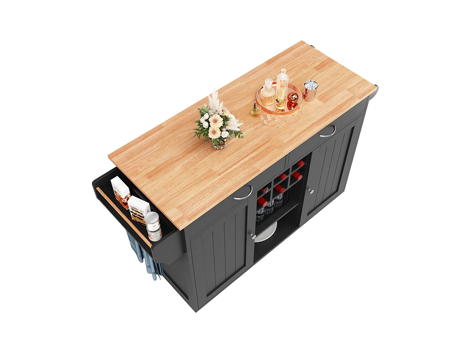 Ilot central de cuisine mobile avec 2 portes et 2 tiroirs - 102x45x92 cm - Bois MDF - Noir et naturel