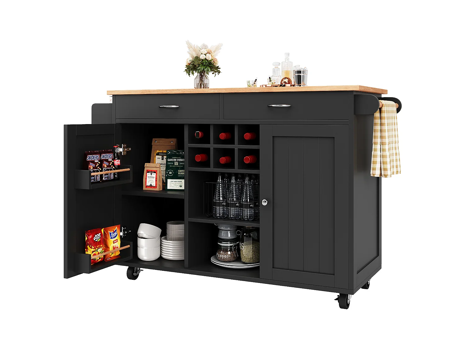 Ilot central de cuisine mobile avec 2 portes et 2 tiroirs - 102x45x92 cm - Bois MDF - Noir et naturel