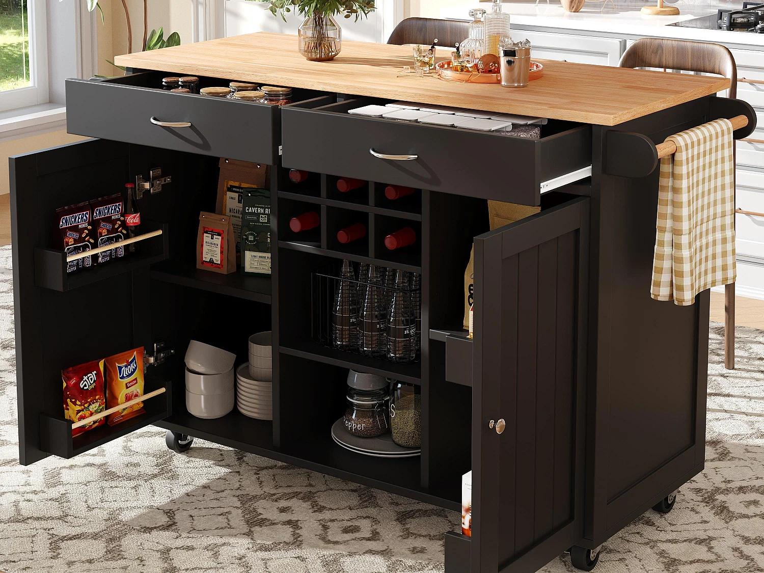 Mobilna wyspa kuchenna z 2 drzwiami i 2 szufladami - 102x45x92 cm - Drewno MDF - Czarny i naturalny