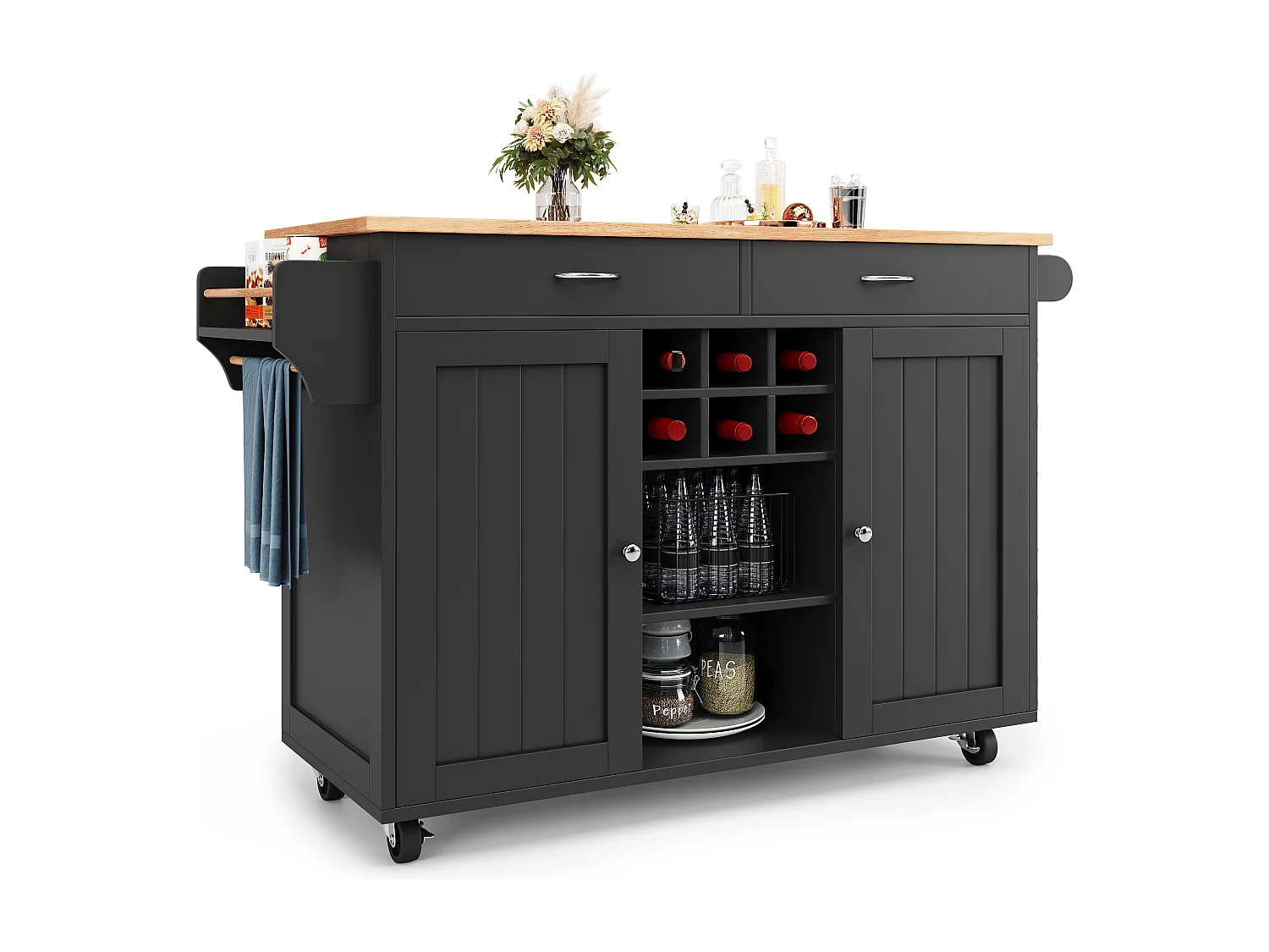 Mobilna wyspa kuchenna z 2 drzwiami i 2 szufladami - 102x45x92 cm - Drewno MDF - Czarny i naturalny