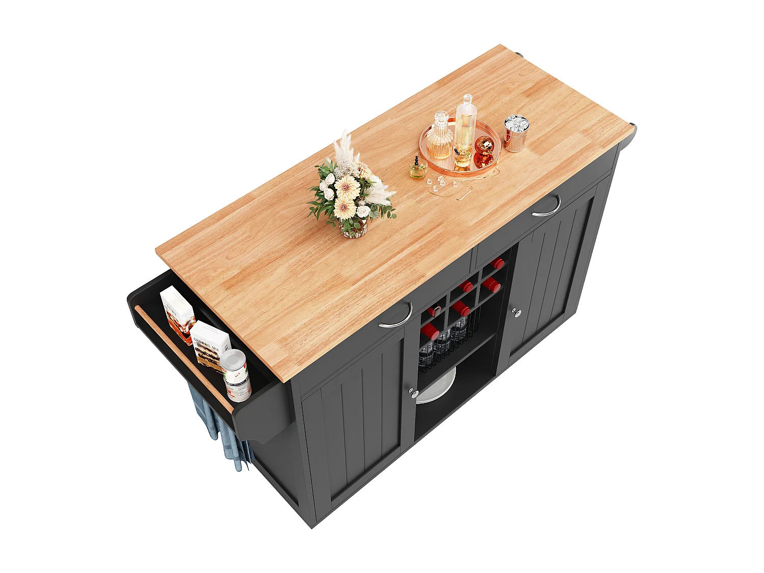 Mobilna wyspa kuchenna z 2 drzwiami i 2 szufladami - 102x45x92 cm - Drewno MDF - Czarny i naturalny