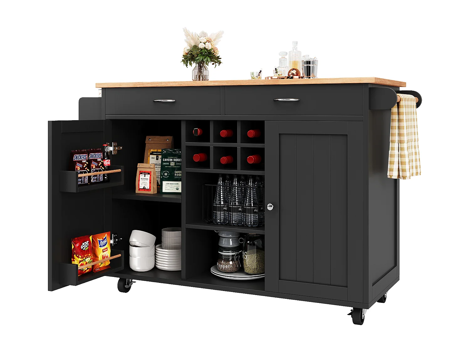 Mobilna wyspa kuchenna z 2 drzwiami i 2 szufladami - 102x45x92 cm - Drewno MDF - Czarny i naturalny