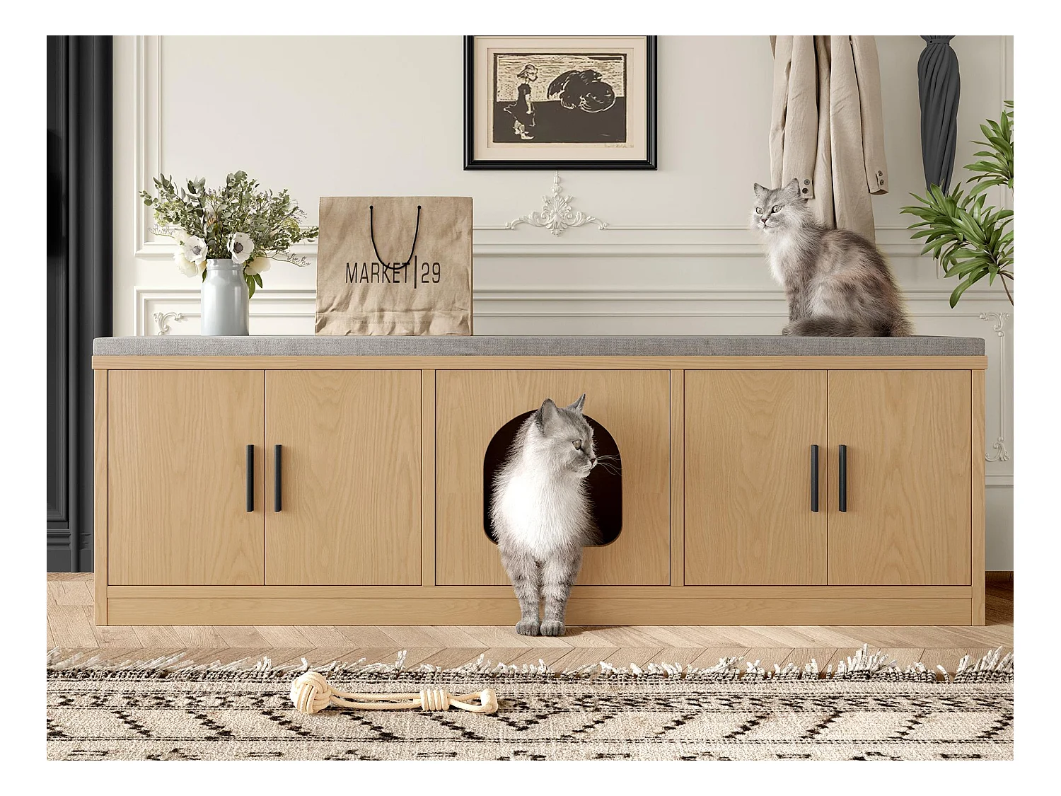 Armoire à litière pour chat - 140x40x45.5 cm - avec planche à gratter et dispositif de ventilation - naturel