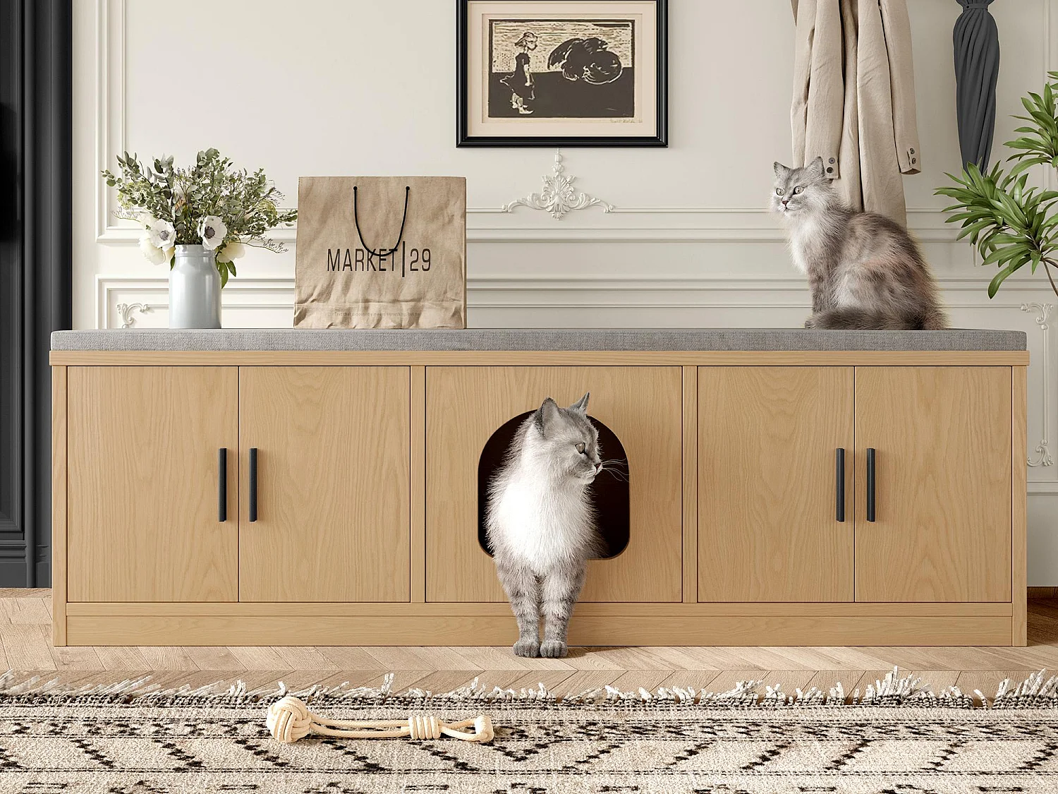 Katzenklo-Schrank - 140x40x45.5 cm - mit Kratzbrett und Belüftungssystem - natur