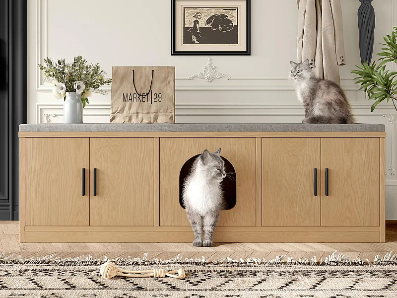 Katzenklo-Schrank - 140x40x45.5 cm - mit Kratzbrett und Belüftungssystem - natur