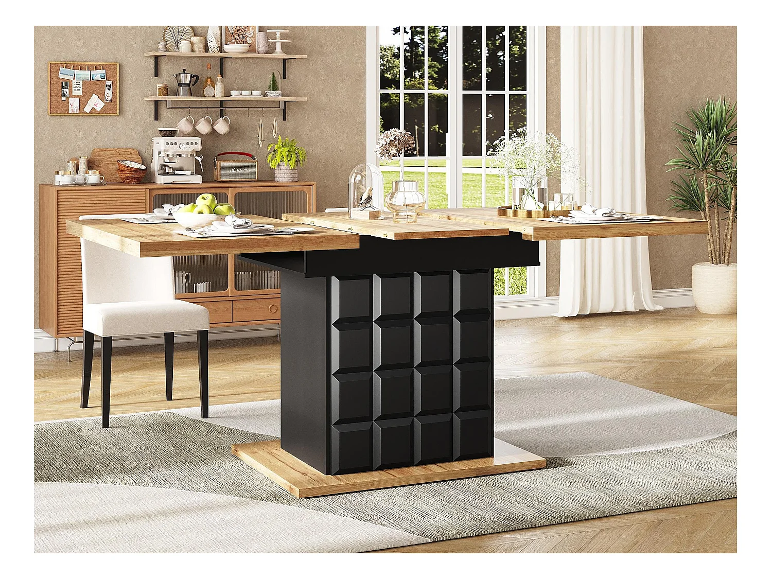Table à manger extensible 110-140×80cm - 4-6 personnes - avec 2 portes - table à carreaux - Noir