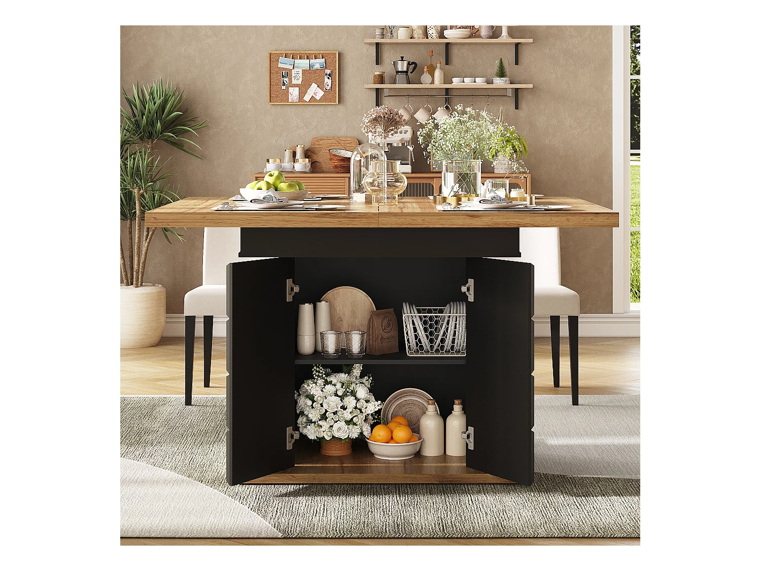 Table à manger extensible 110-140×80cm - 4-6 personnes - avec 2 portes - table à carreaux - Noir