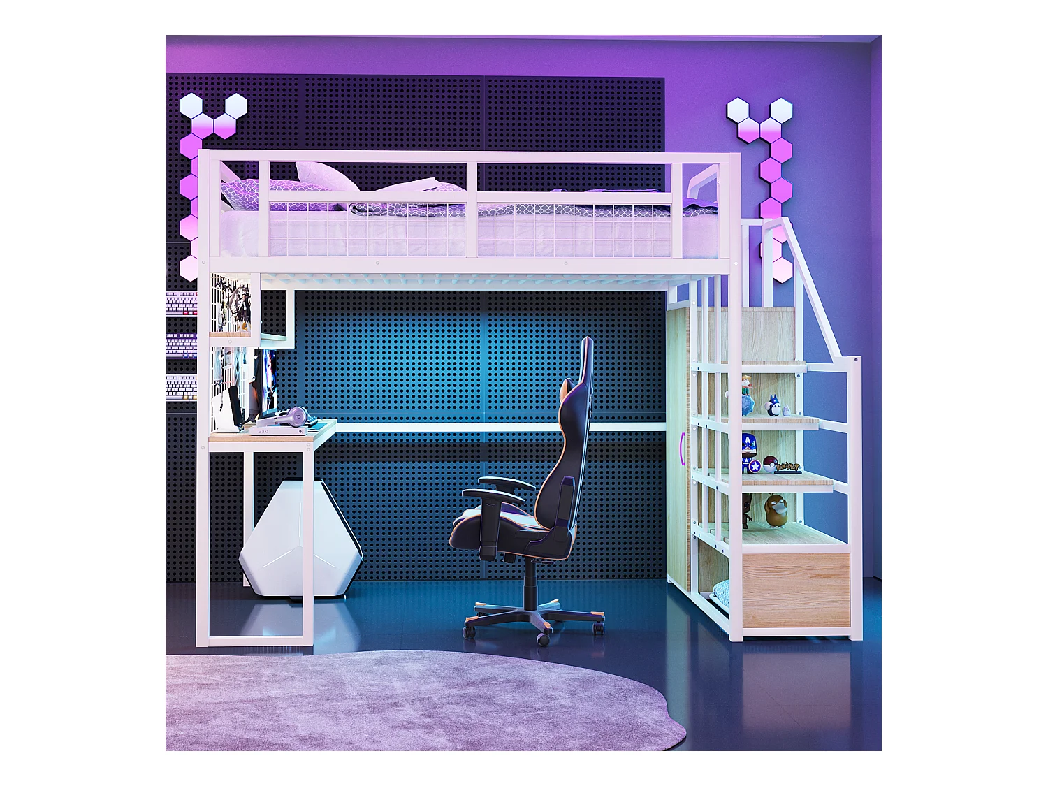 Lit mezzanine 140x200 cm - avec échelle de rangement - avec penderie - rangements et table - blanc