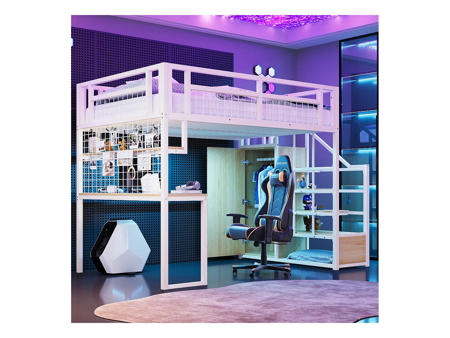 Lit mezzanine 140x200 cm - avec échelle de rangement - avec penderie - rangements et table - blanc