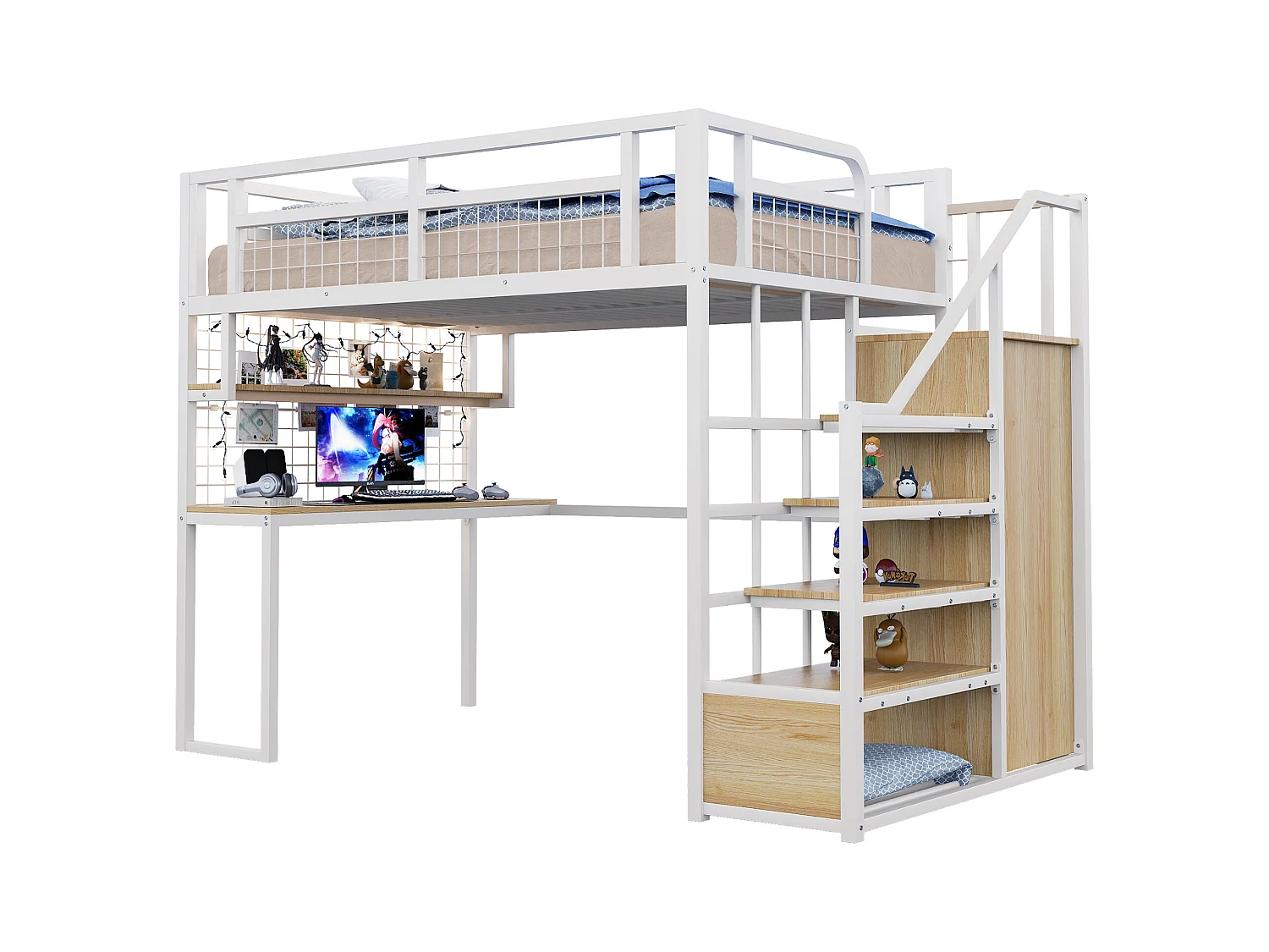 Lit mezzanine 140x200 cm - avec échelle de rangement - avec penderie - rangements et table - blanc