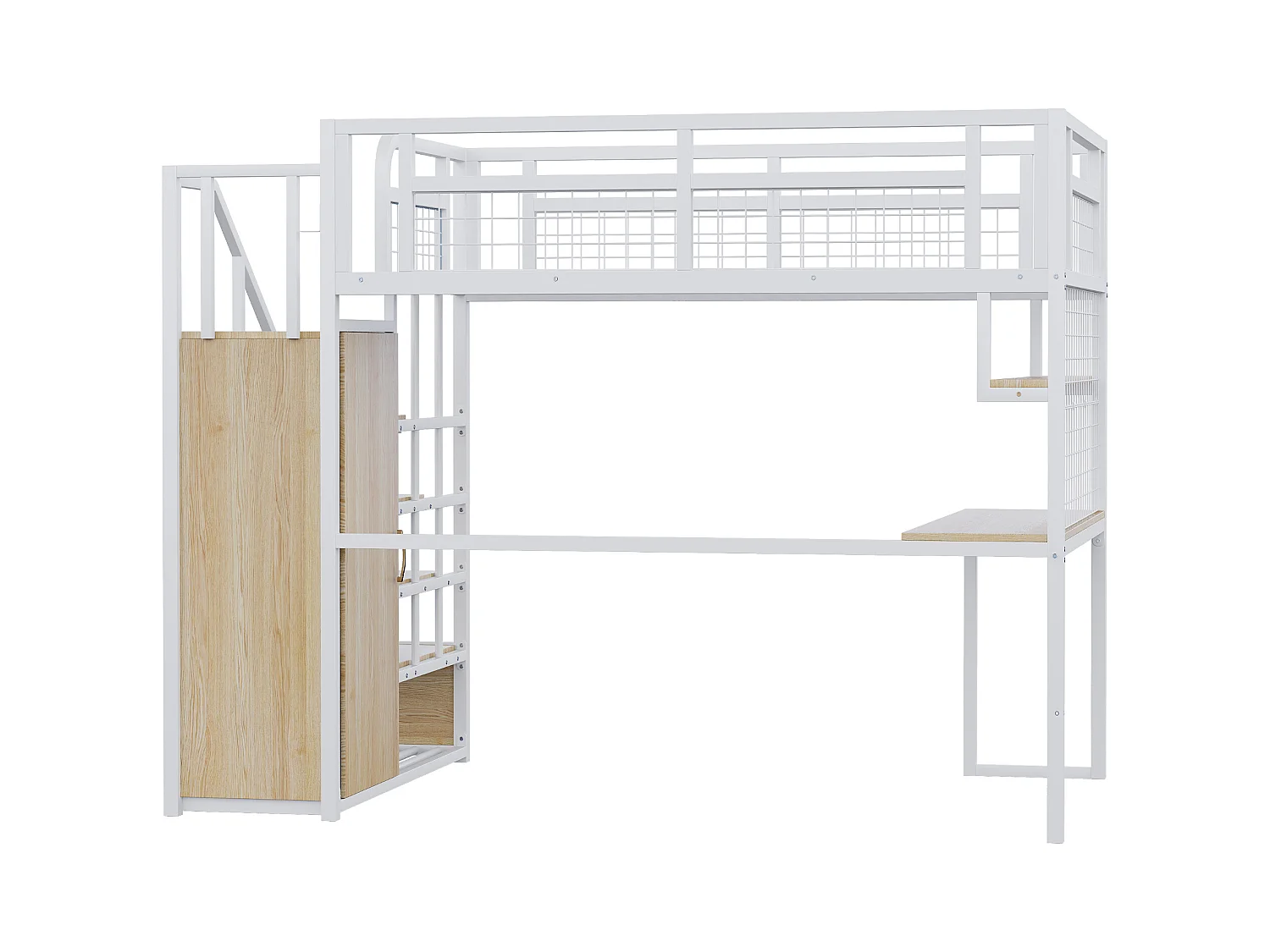 Lit mezzanine 140x200 cm - avec échelle de rangement - avec penderie - rangements et table - blanc