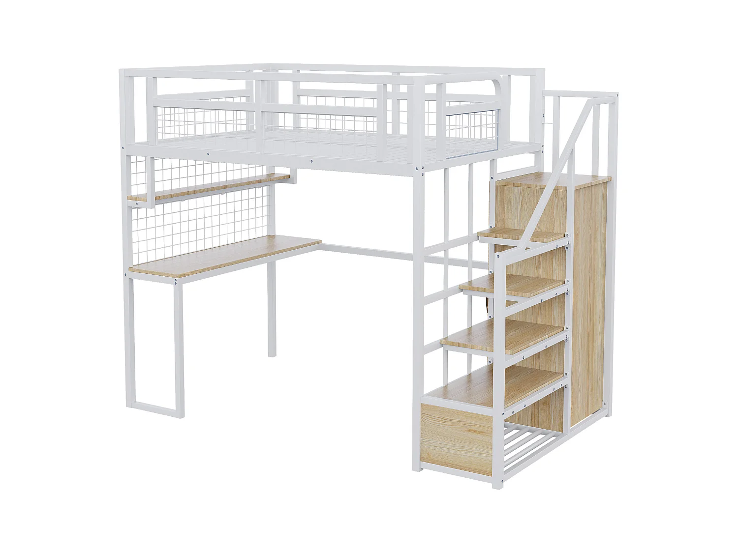 Lit mezzanine 140x200 cm - avec échelle de rangement - avec penderie - rangements et table - blanc