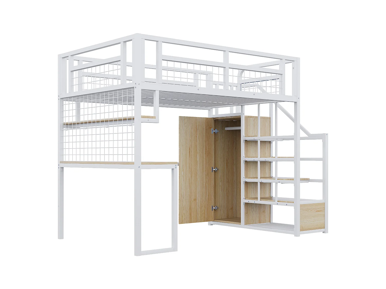 Lit mezzanine 140x200 cm - avec échelle de rangement - avec penderie - rangements et table - blanc