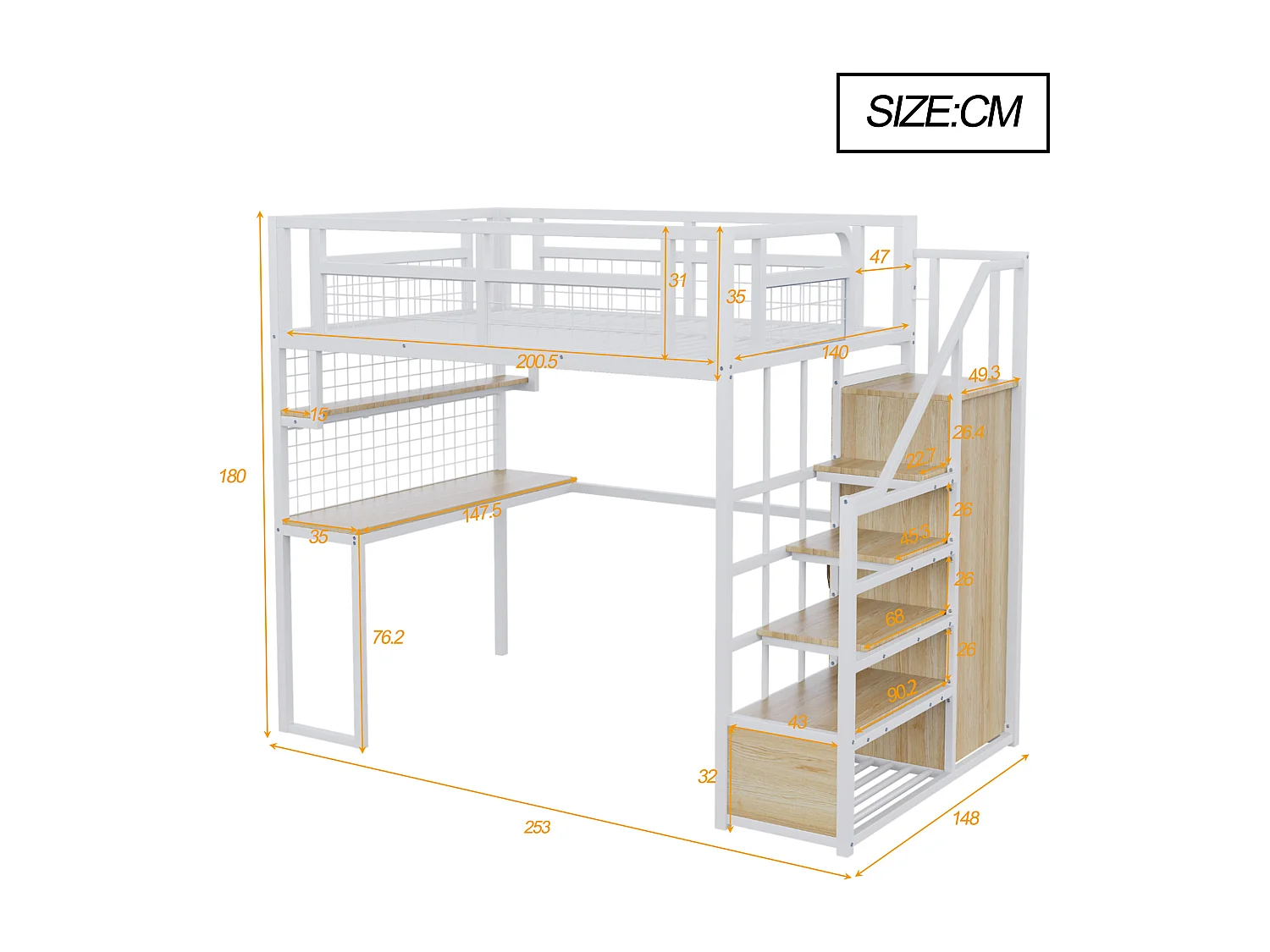 Letto mezzanina 140x200 cm - con scala con contenitore - con guardaroba - contenitore e scrivania - bianco