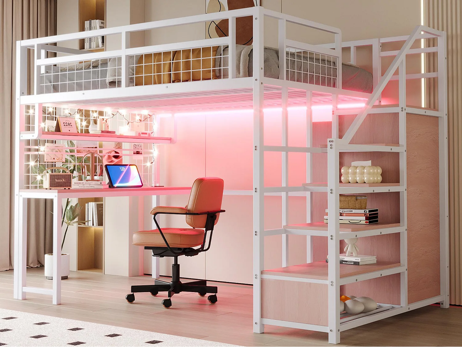 Lit mezzanine 140x200 cm - avec éclairage LED et prises - avec échelle de rangement - avec penderie - rangements et table - blanc