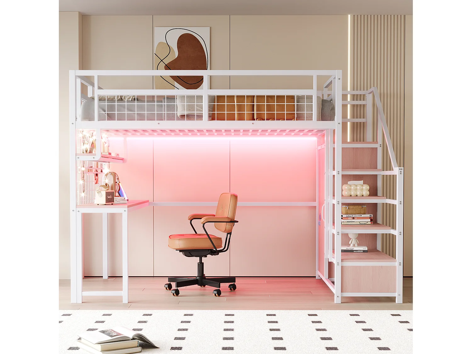 Lit mezzanine 140x200 cm - avec éclairage LED et prises - avec échelle de rangement - avec penderie - rangements et table - blanc