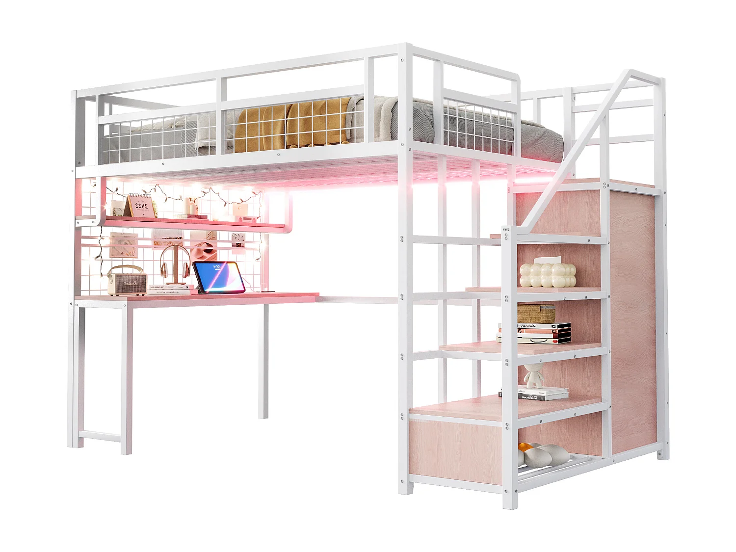 Lit mezzanine 140x200 cm - avec éclairage LED et prises - avec échelle de rangement - avec penderie - rangements et table - blanc