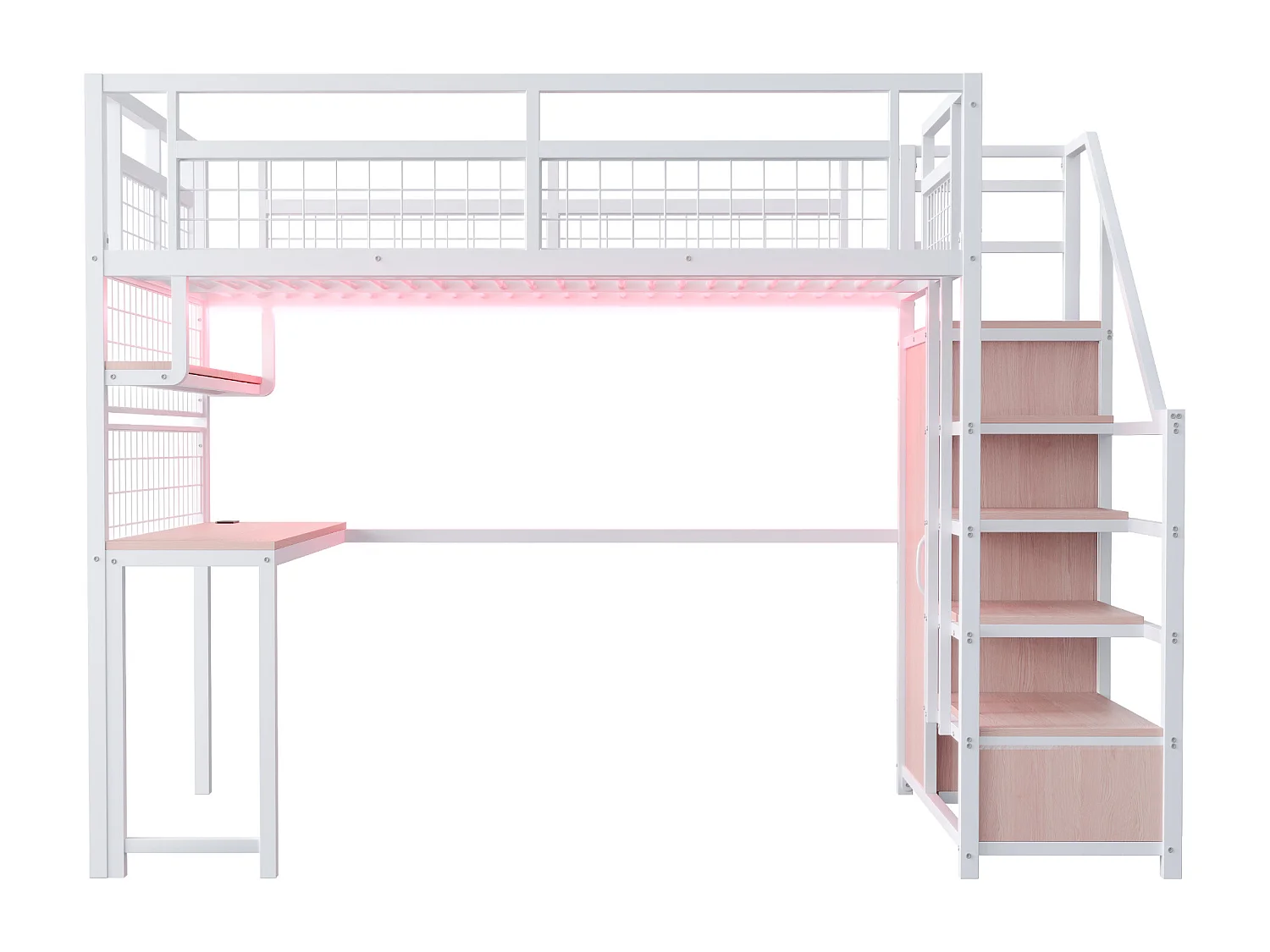 Lit mezzanine 140x200 cm - avec éclairage LED et prises - avec échelle de rangement - avec penderie - rangements et table - blanc
